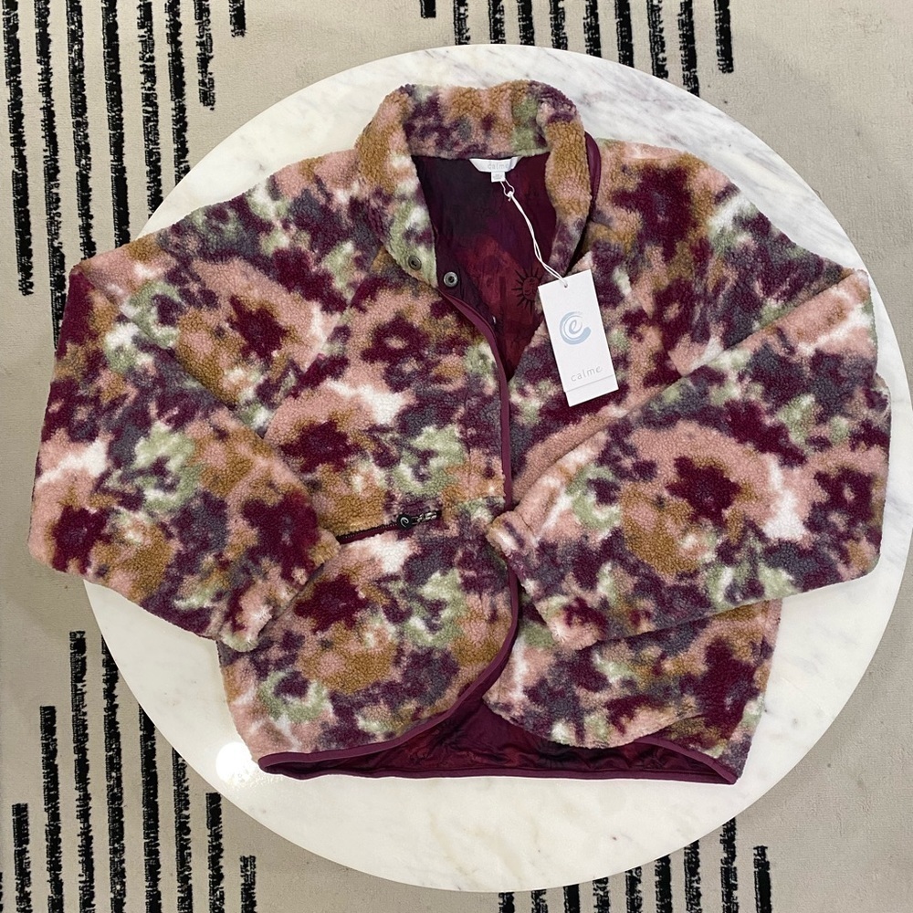 Johnny Was Calme Printed Fleece Jacket NEW sz M Multi Color Burgundy Bamboo